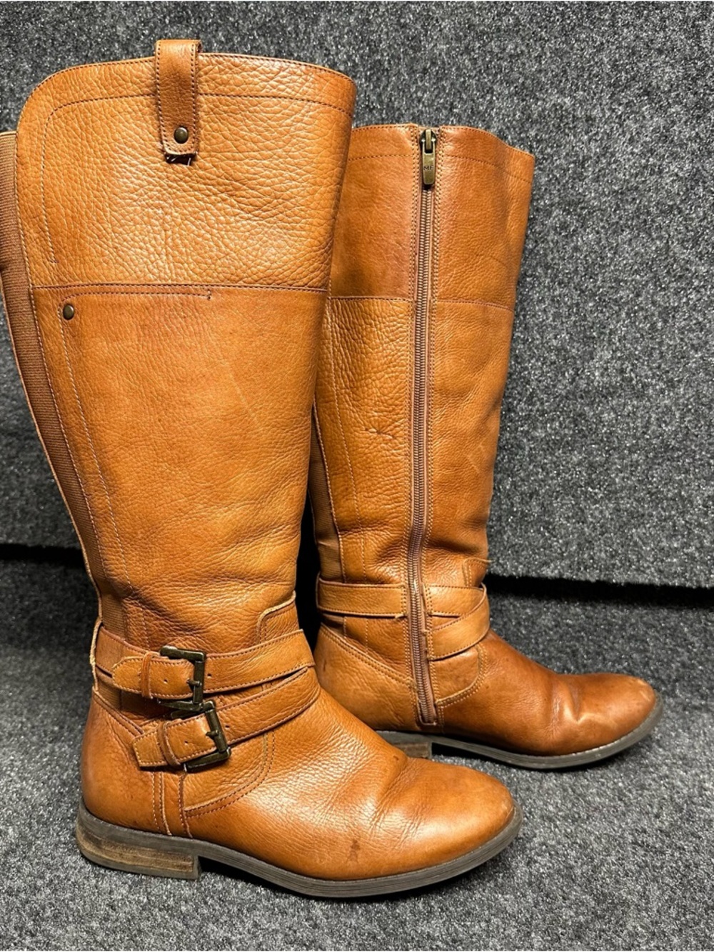 Tan genuine leather tall wide calf riding boots buckle equestrian old money